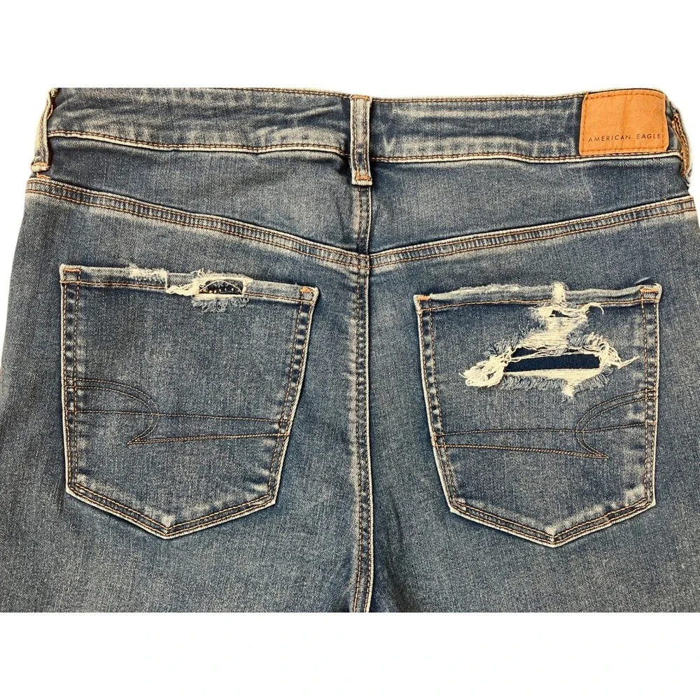American Eagle Womens‎ High Waisted Blue Distressed Skinny Jeans Long Size 14 - Picture 4 of 10